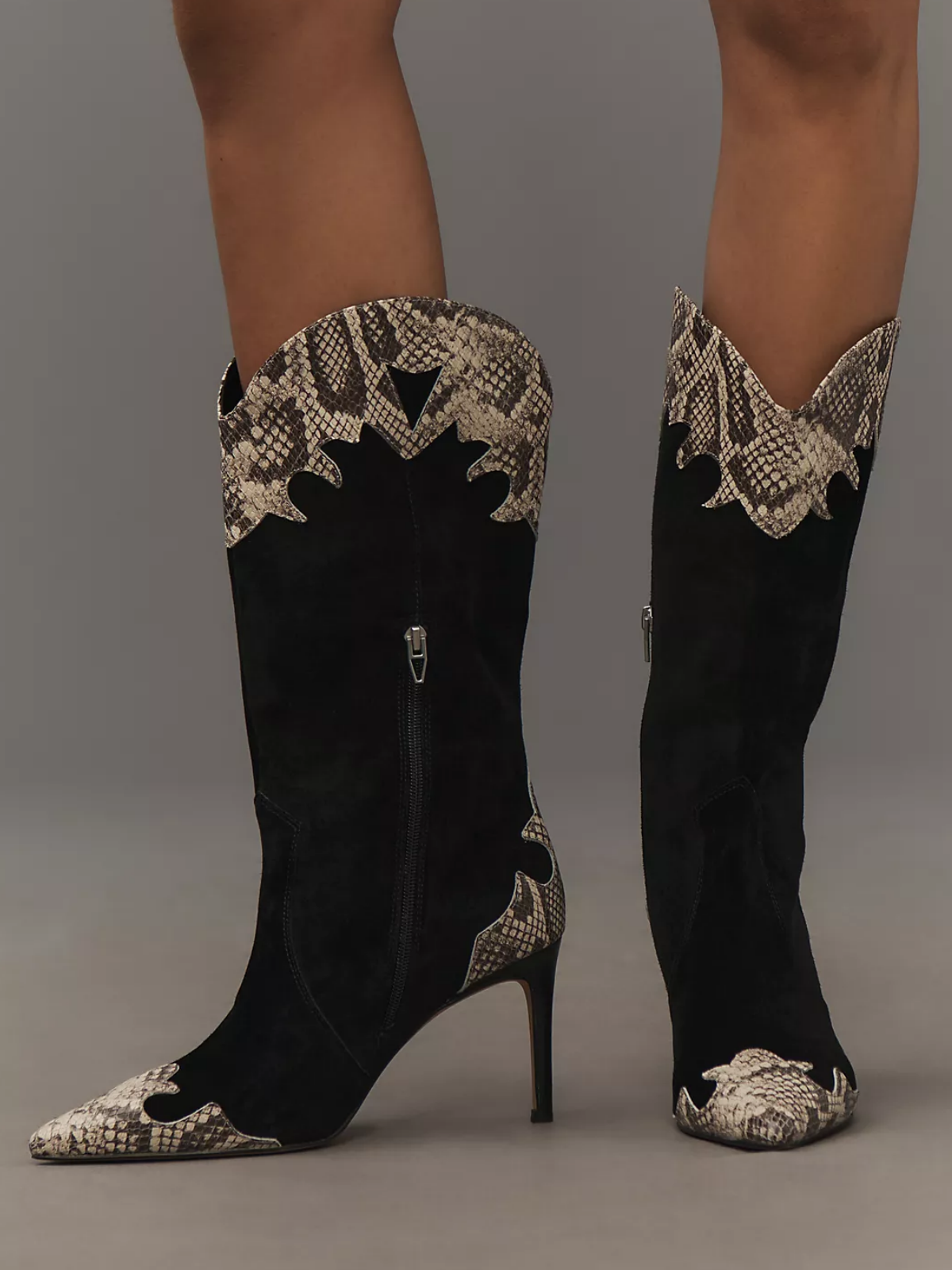 Black Faux Suede Pointed-Toe Snakeskin Applique Half-Zip Mid Calf Stiletto Boots