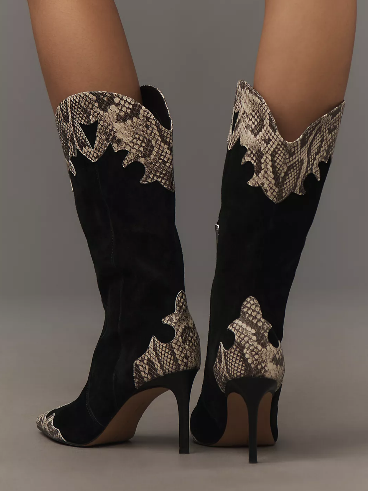 Black Faux Suede Pointed-Toe Snakeskin Applique Half-Zip Mid Calf Stiletto Boots