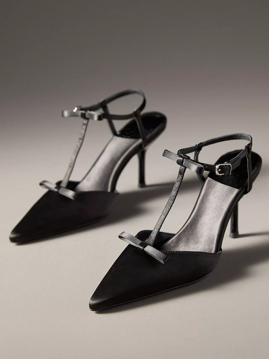 Black Satin Pointed-Toe Knot Ankle Strap Pump High Heels