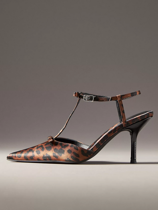 Leopard Satin Pointed-Toe Knot Ankle Strap Pump High Heels