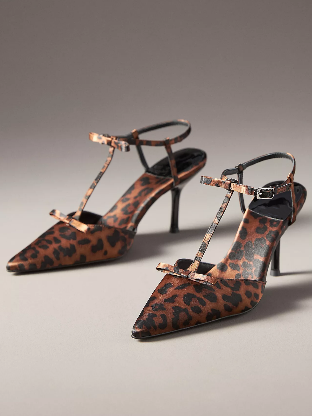 Leopard Satin Pointed-Toe Knot Ankle Strap Pump High Heels