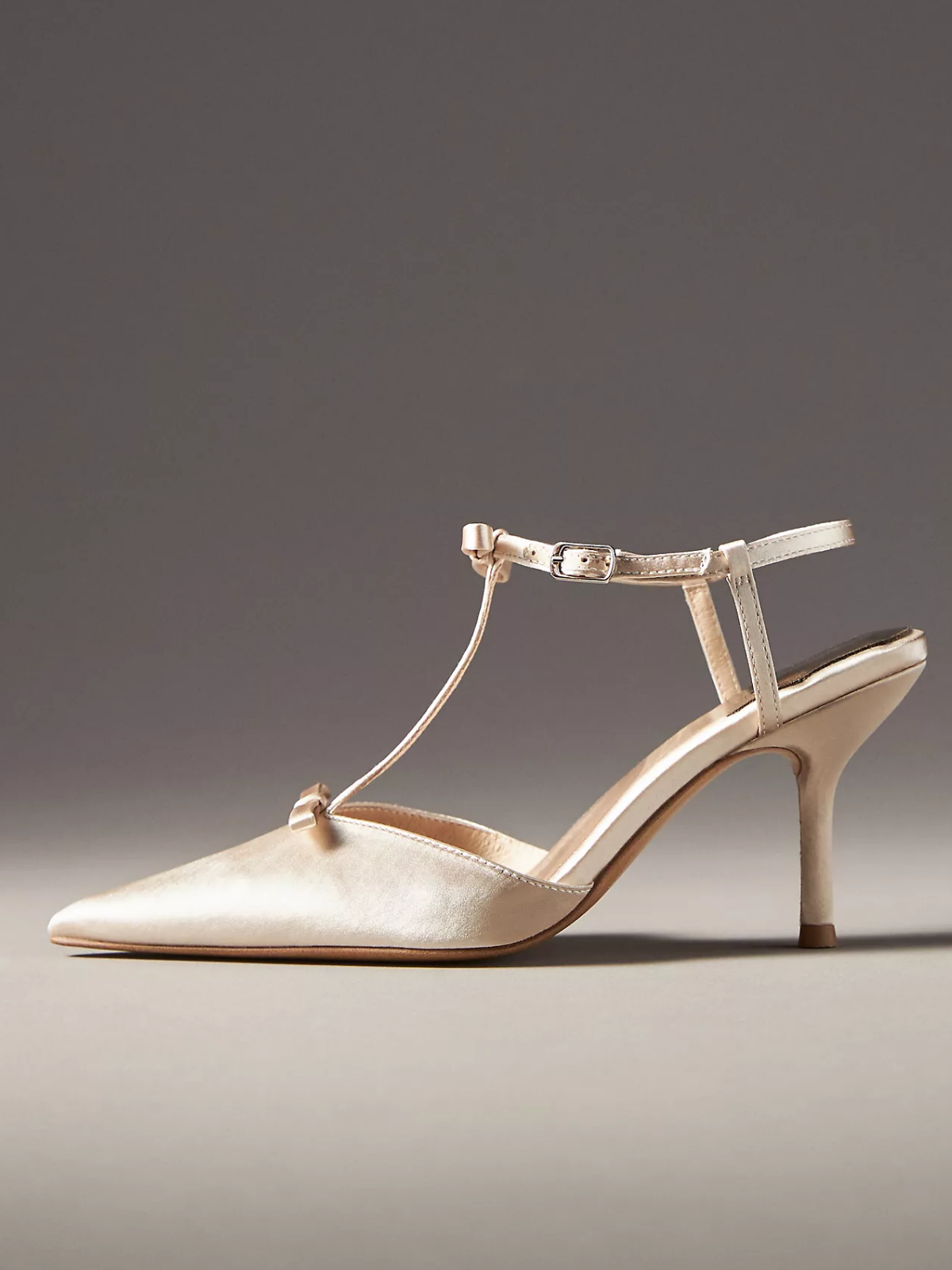 Ivory Satin Pointed-Toe Knot Ankle Strap Pump High Heels