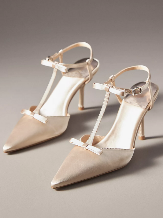 Ivory Satin Pointed-Toe Knot Ankle Strap Pump High Heels