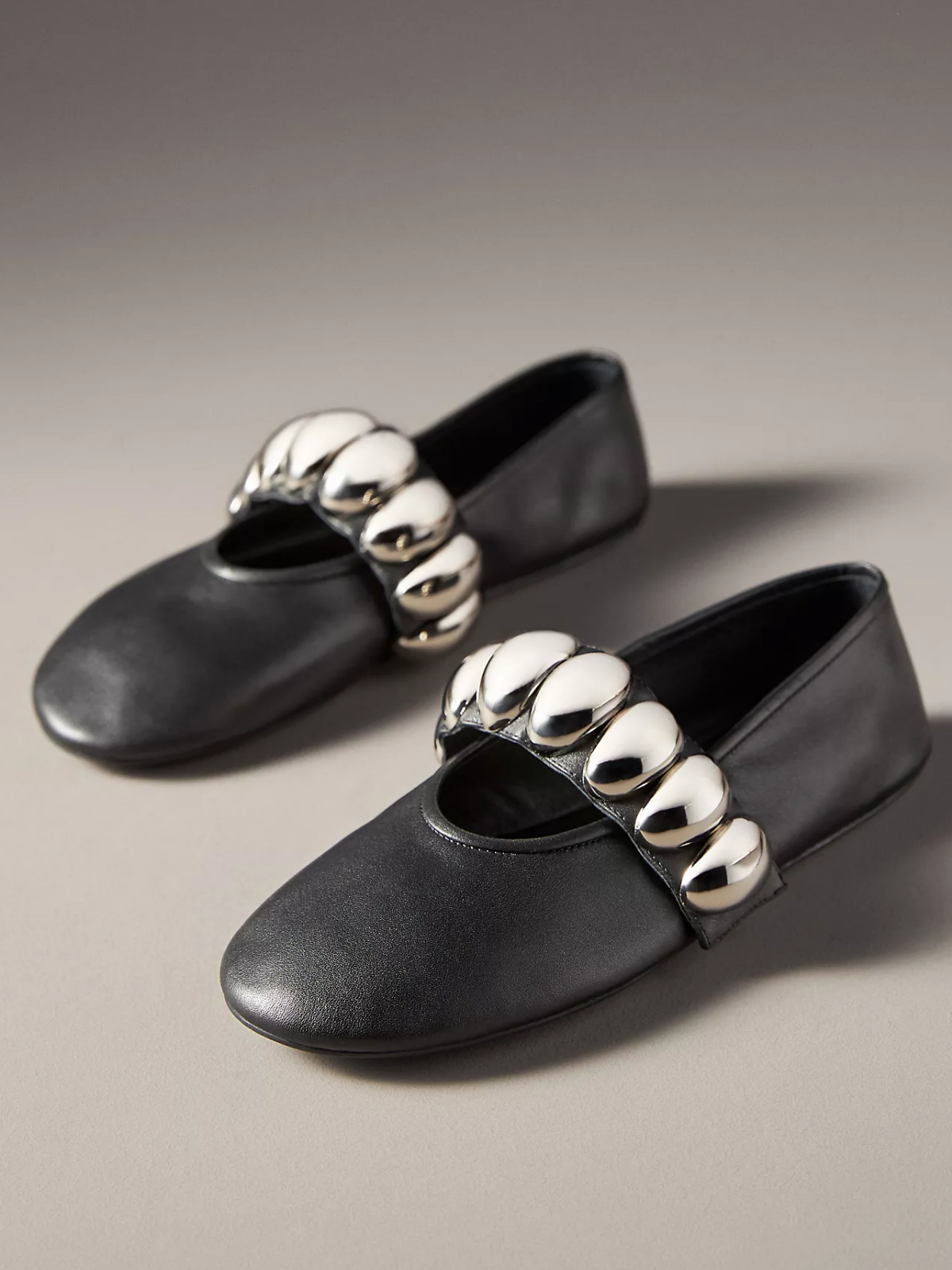 Black Round-Toe Metal Oval Bridge Strap Ballet Flats