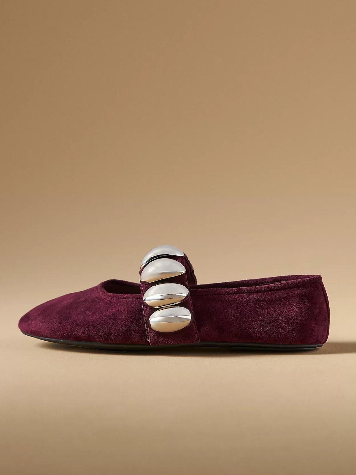 Wine Red Faux Suede Round-Toe Metal Oval Bridge Strap Ballet Flats