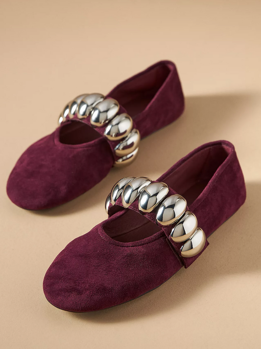 Wine Red Faux Suede Round-Toe Metal Oval Bridge Strap Ballet Flats