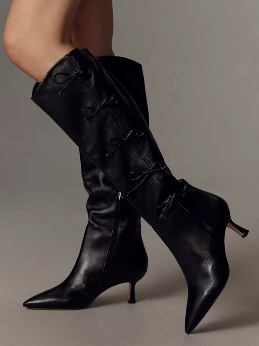 Black Pointed-Toe Half-Zip Mid Calf Stiletto Boots With Bows