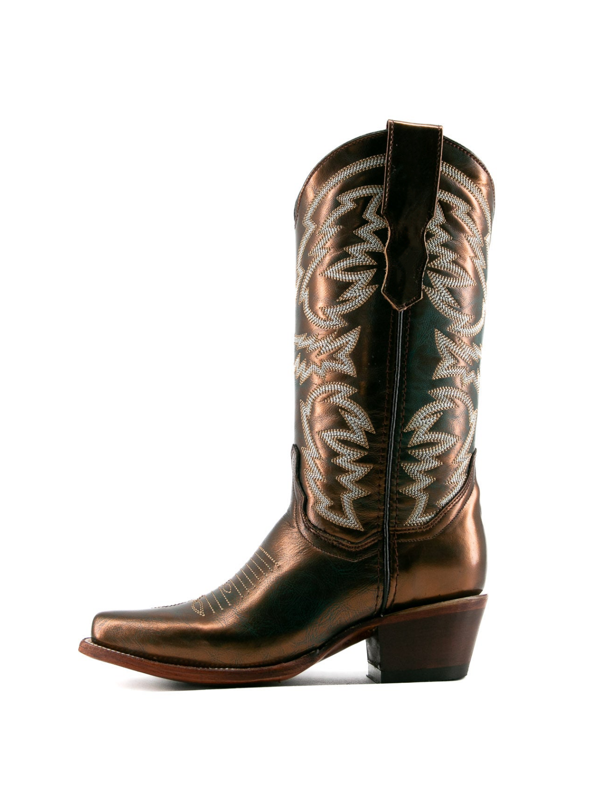 Metallic Bronze Snip-Toe Embroidery Wide Mid Calf Cowgirl Boots