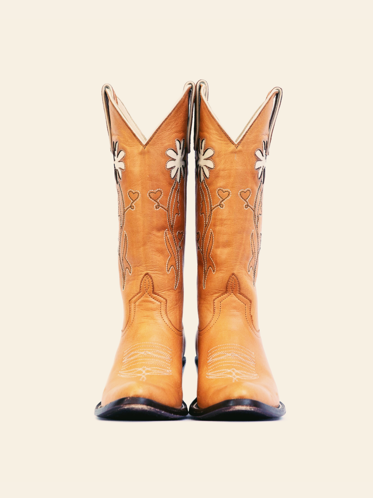 Earth Yellow Almond-Toe Wide Calf Western Cowgirl Boots With White Daisy Flower Inlay