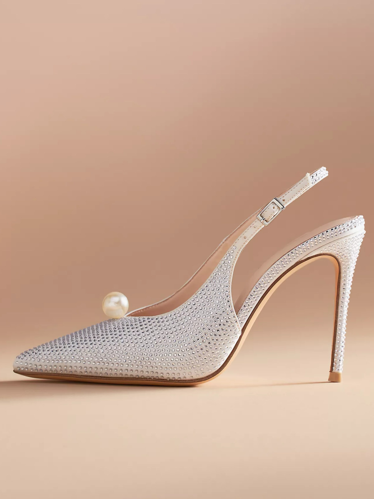 White Satin Rhinestone Pointed-Toe Slingback Pump High Heels With Pearl