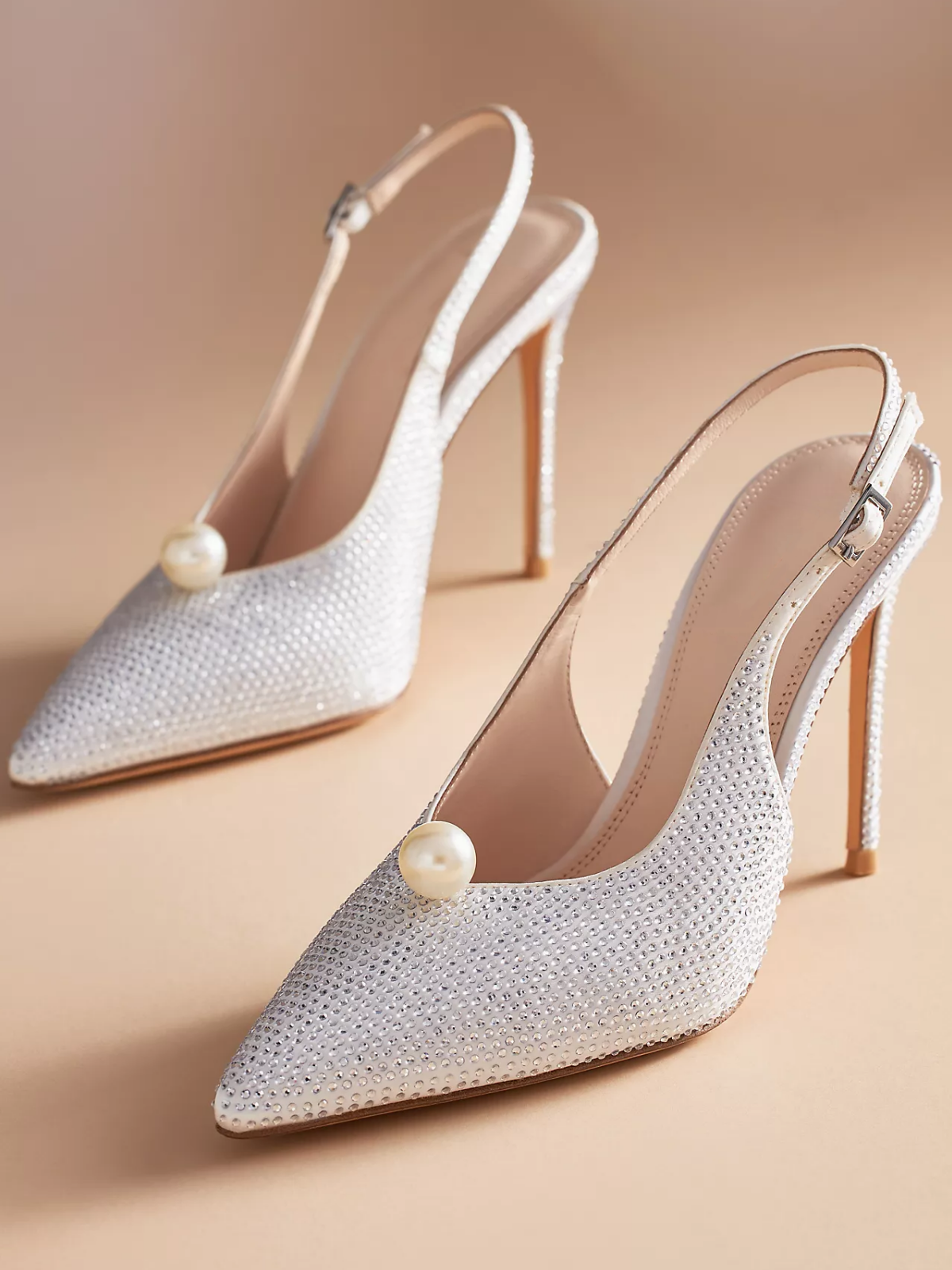 White Satin Rhinestone Pointed-Toe Slingback Pump High Heels With Pearl