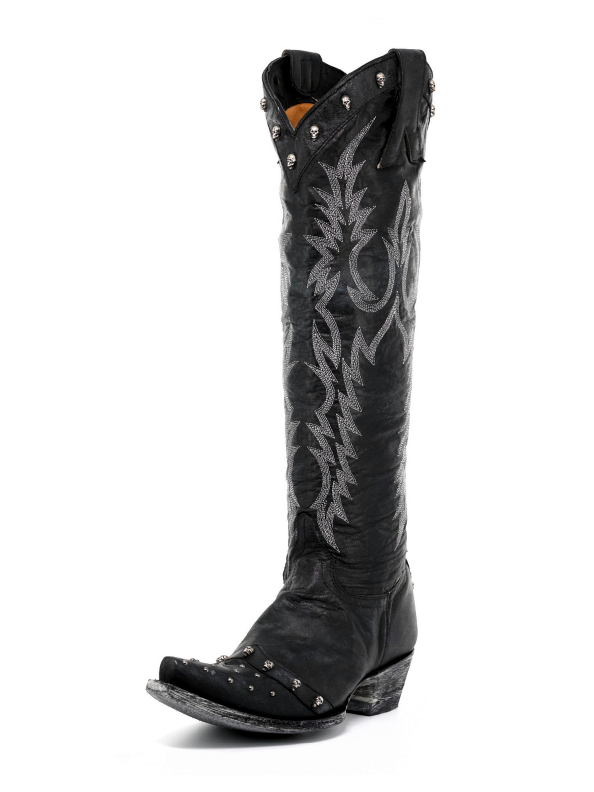 Black Snip-Toe Studded Embroidery Skull Applique Half-Zip Tall Knee High Cowgirl Boots