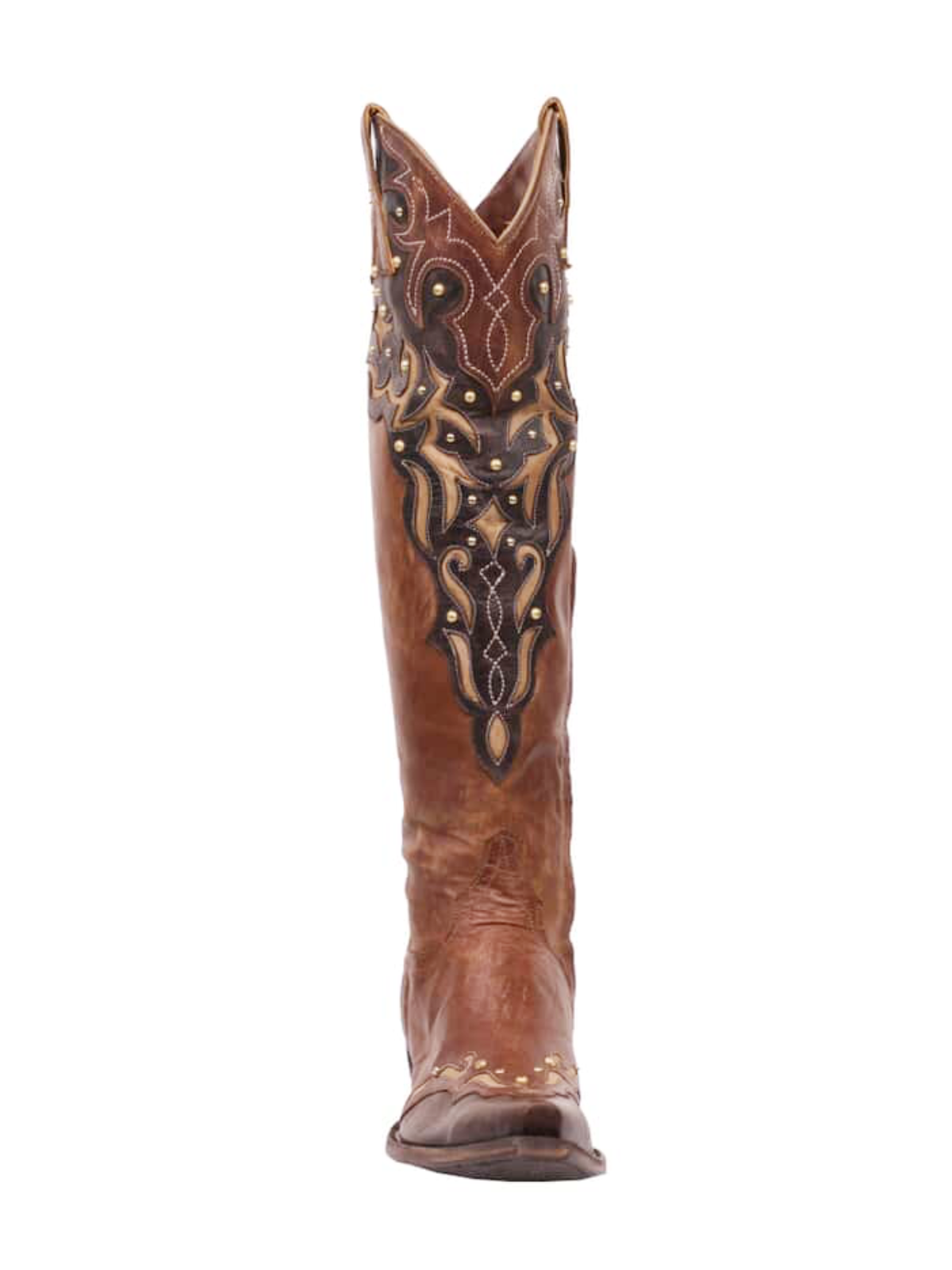 Brown Snip-Toe Half-Zip Embroidery Studded Inlay Applique Tall Knee High Cowgirl Boots