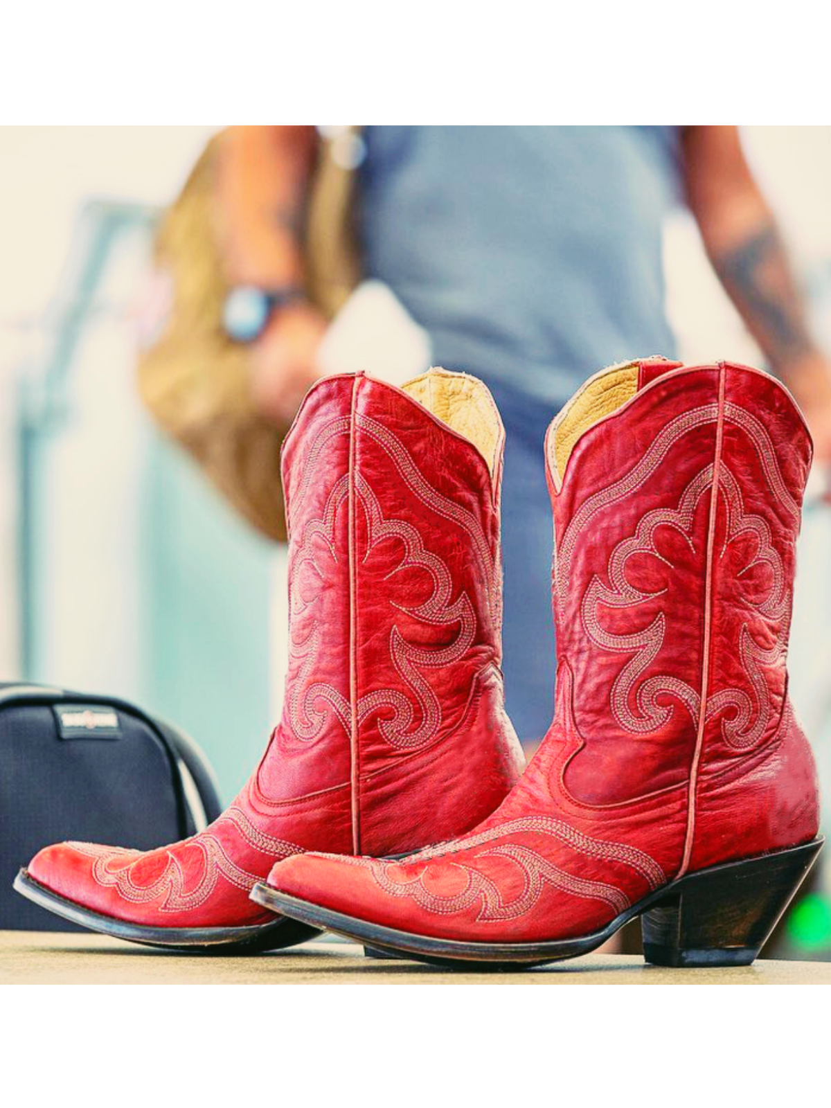 Red Embroidered Pointed-Toe Wide Mid Calf Western Cowgirl Boots