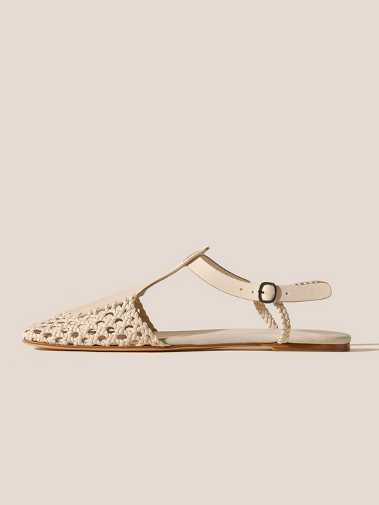 Ivory Woven Hollow-Out Patchwork Square-Toe Flats T-Bar Sandals