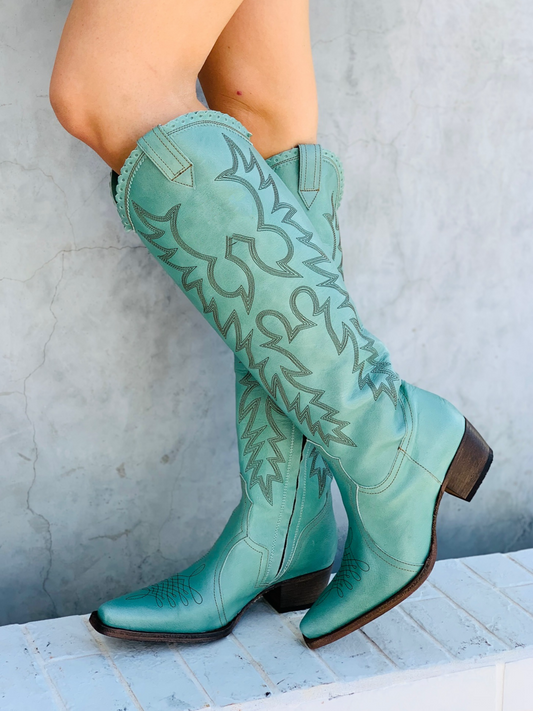 Snip-Toe Classic Embroidery Half-Zip Knee High Tall Cowgirl Boots - Aqua