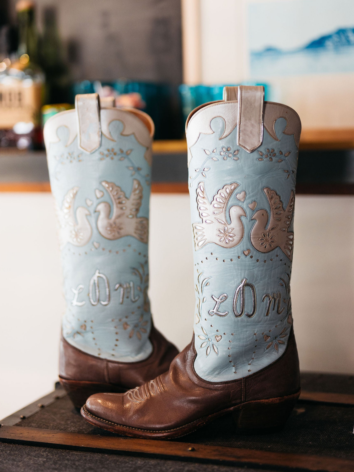 Contrast Tri-Color Round-Toe Peace Dove Inlay And Metallic Applique Wide Mid Calf Cowgirl Boots