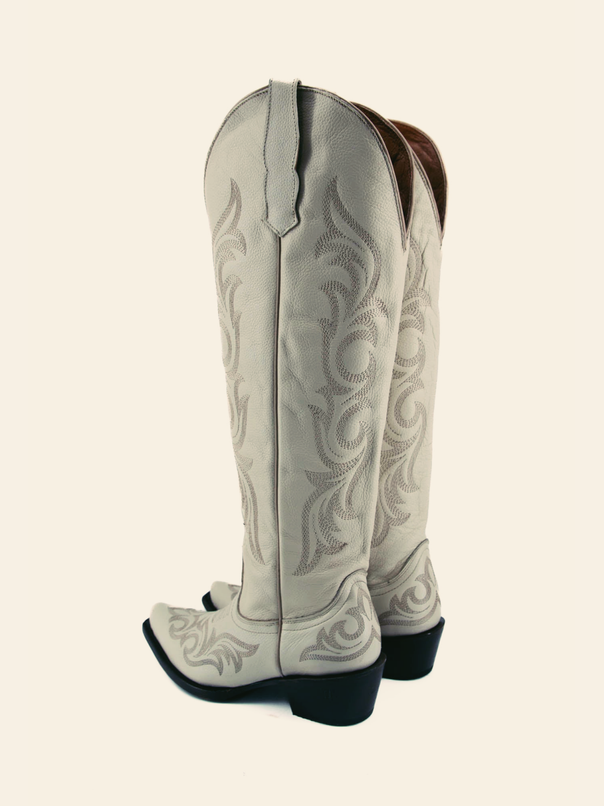 Retro Ivory Embroidery Snip-Toe Wide Calf Western Boots Knee High Tall Boots