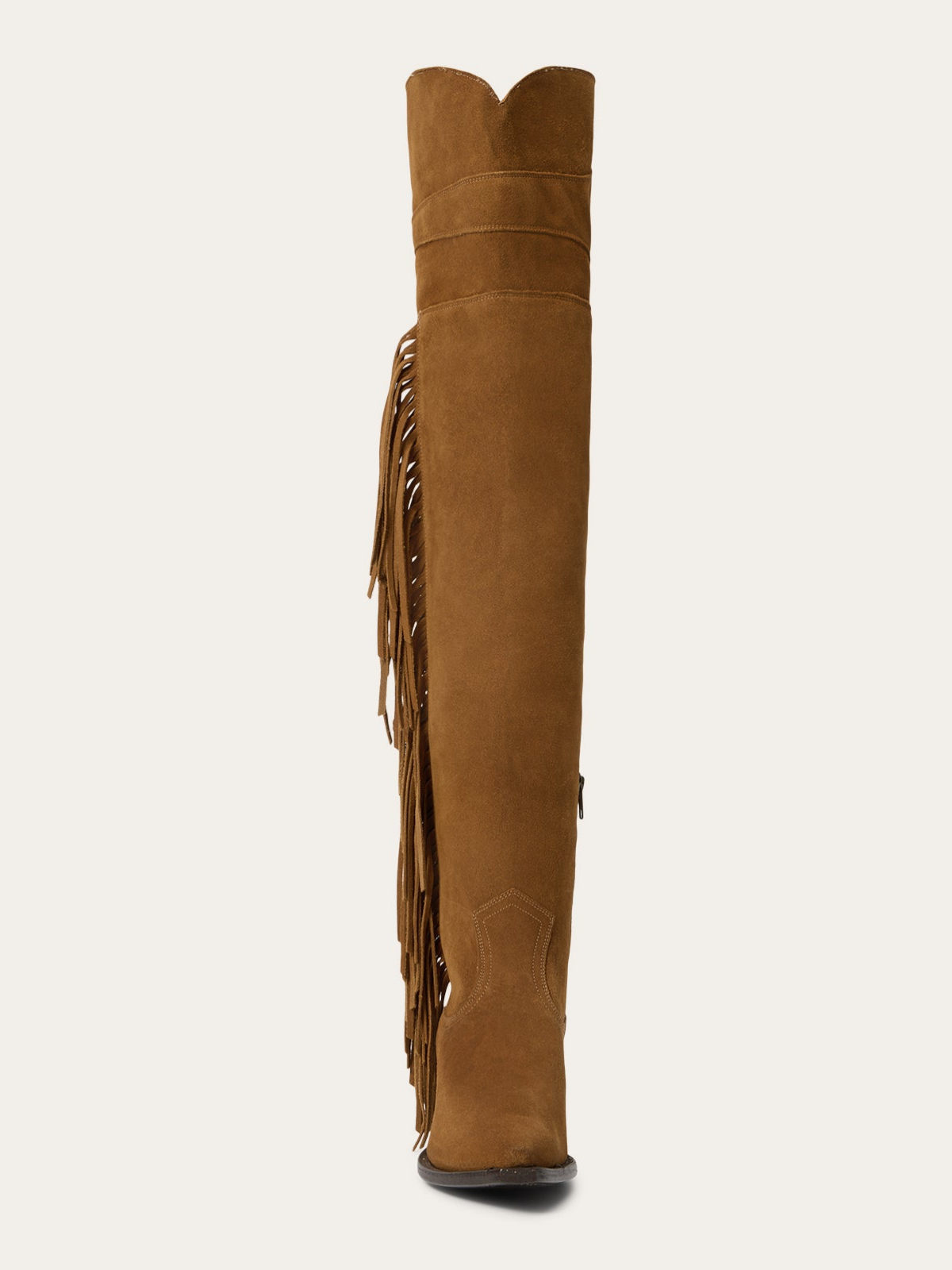 Tan Faux Suede Snip-Toe Side Fringe Half-Zip Over-The-Knee Cowgirl Boots