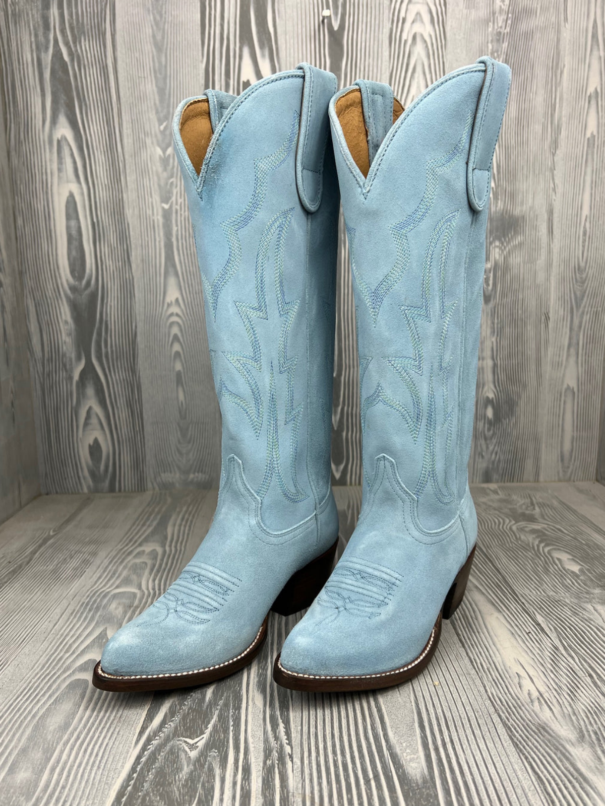 Baby Blue Embroidery Faux Suede Almond-Toe Tall Wide Mid Calf Cowgirl Boots