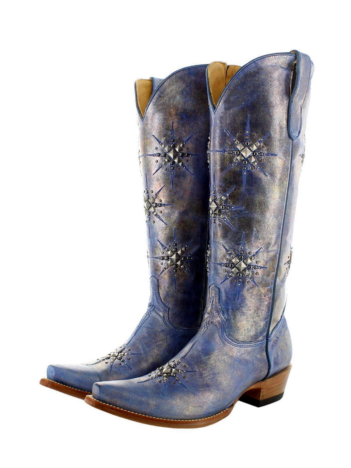 Metallic Blue Snip-Toe Studded Stars Full-Zip Mid Calf Cowgirl Boots