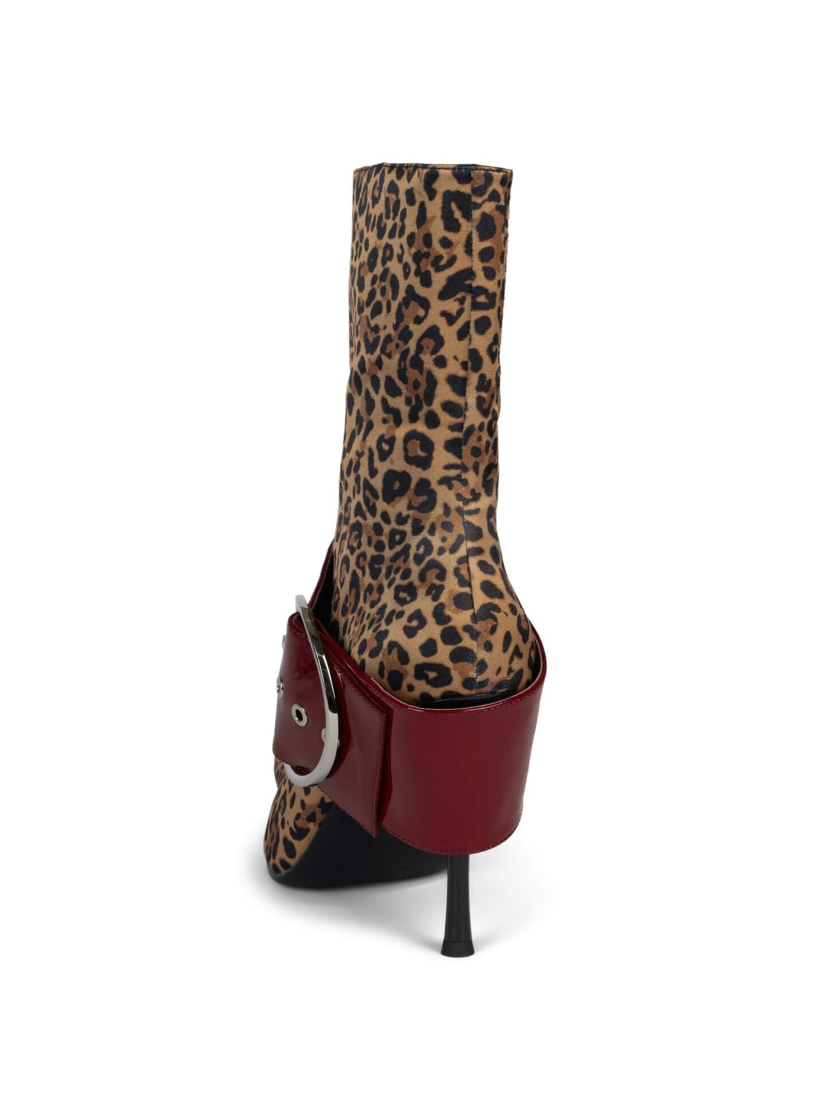 Leopard Fabric Pointed-Toe Full-Zip Mid Calf Stiletto Boots With Oversized Buckle