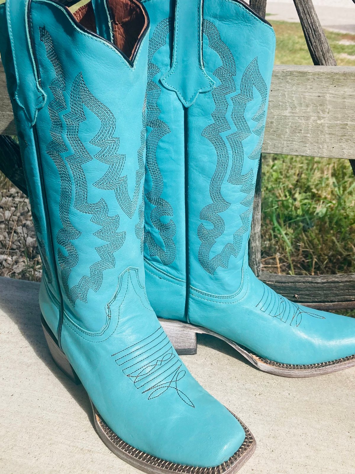 Turquoise Square-Toe Embroidery Wide Mid Calf Tall Cowgirl Boots