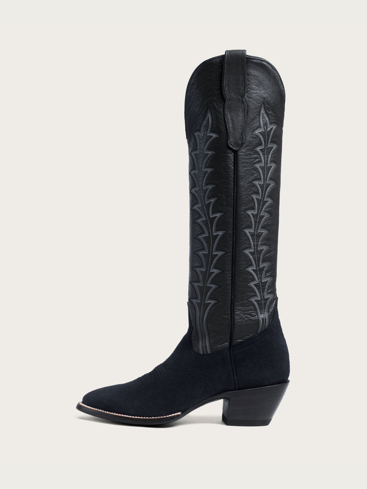 Faux Suede & Vegan Leather Embroidery Almond-Toe Wide Mid Calf Cowgirl Boots in Contrast Black