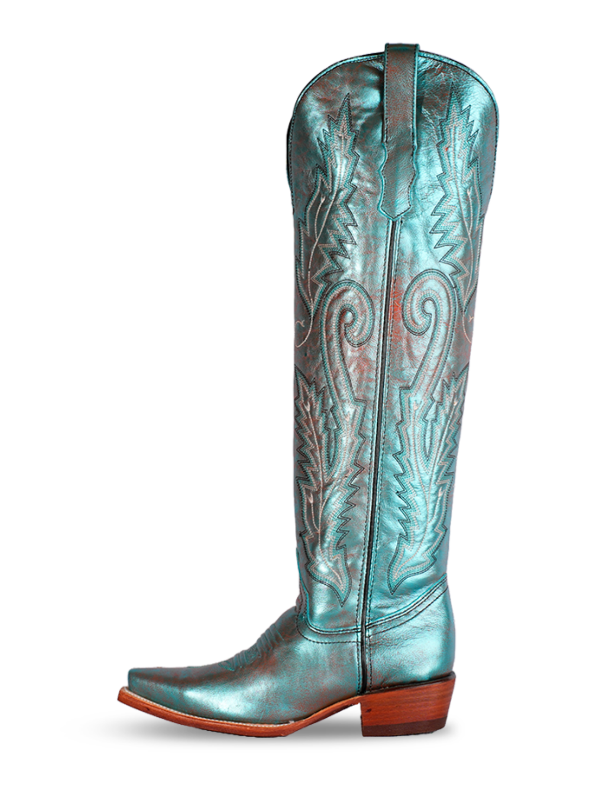 Metallic Turquoise Snip-Toe Leaf Embroidery Half-Zip Over-The-Knee Cowgirl Boots