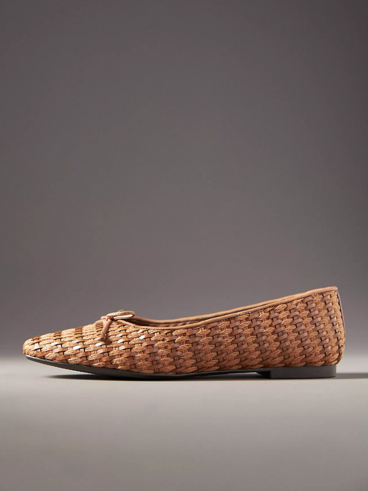 Brown Square-Toe Bow Woven Ballet Flats