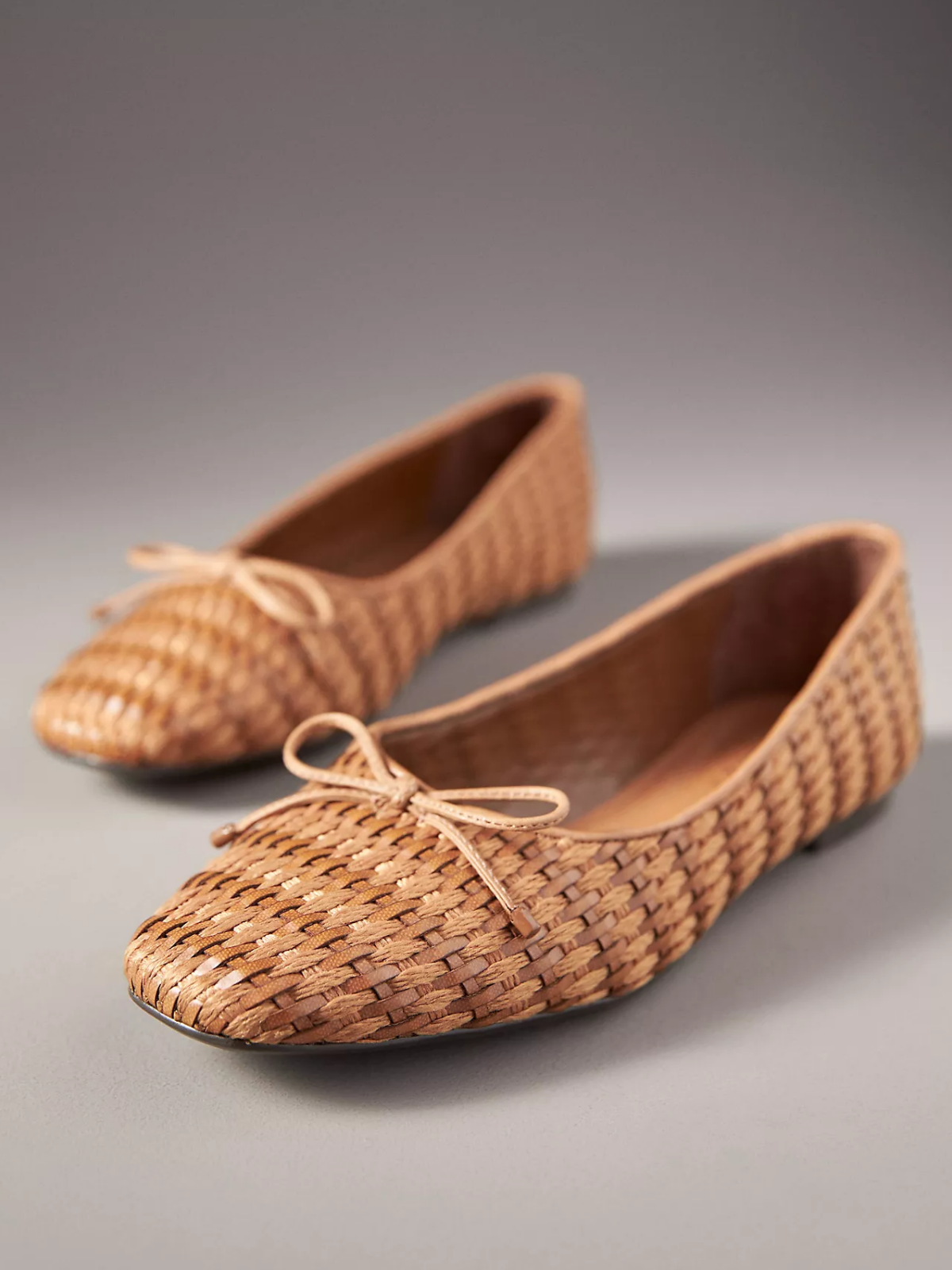 Brown Square-Toe Bow Woven Ballet Flats