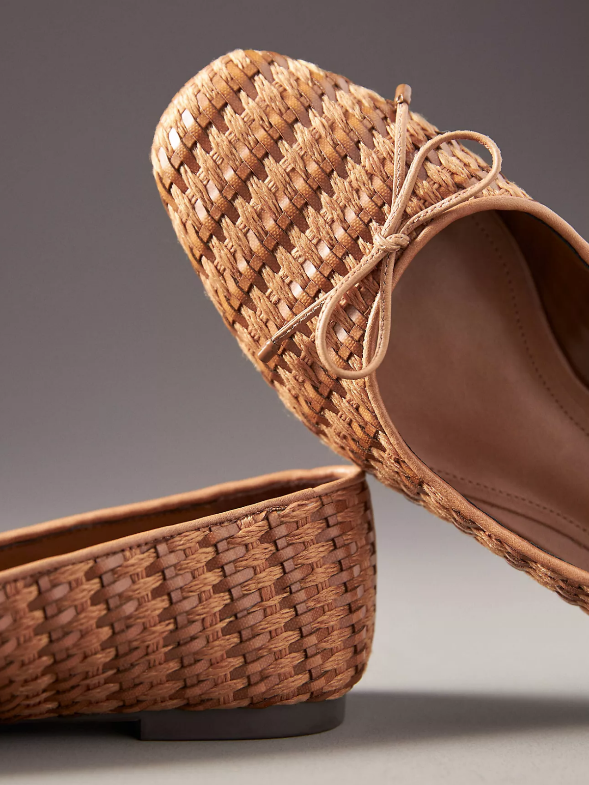 Brown Square-Toe Bow Woven Ballet Flats