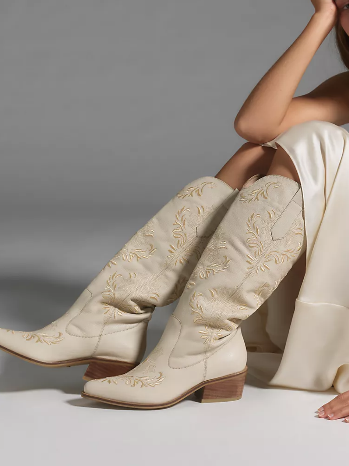 Ivory Snip-Toe Filigree Embroidery Wide Mid Calf Tall Cowgirl Boots