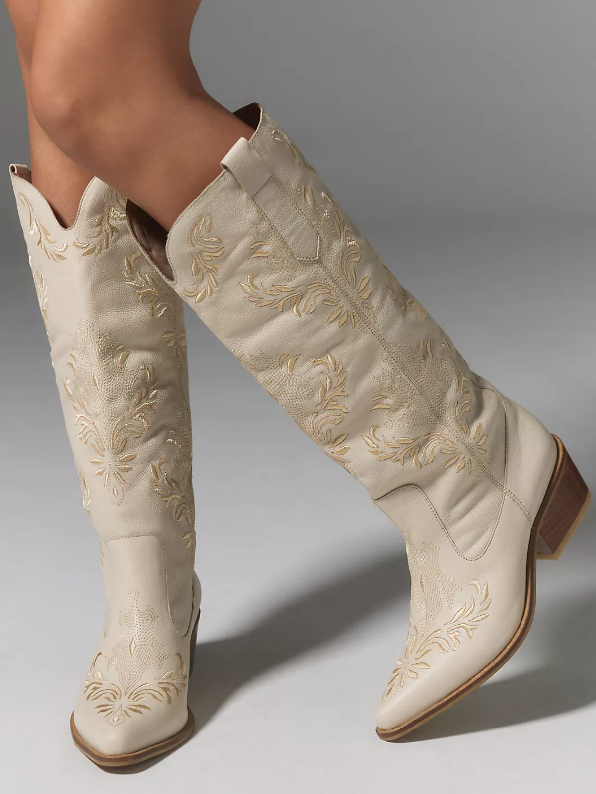 Ivory Snip-Toe Filigree Embroidery Wide Mid Calf Tall Cowgirl Boots