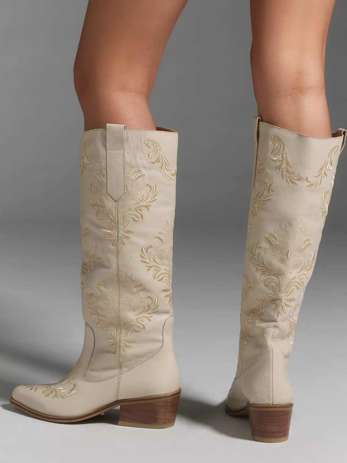 Ivory Snip-Toe Filigree Embroidery Wide Mid Calf Tall Cowgirl Boots