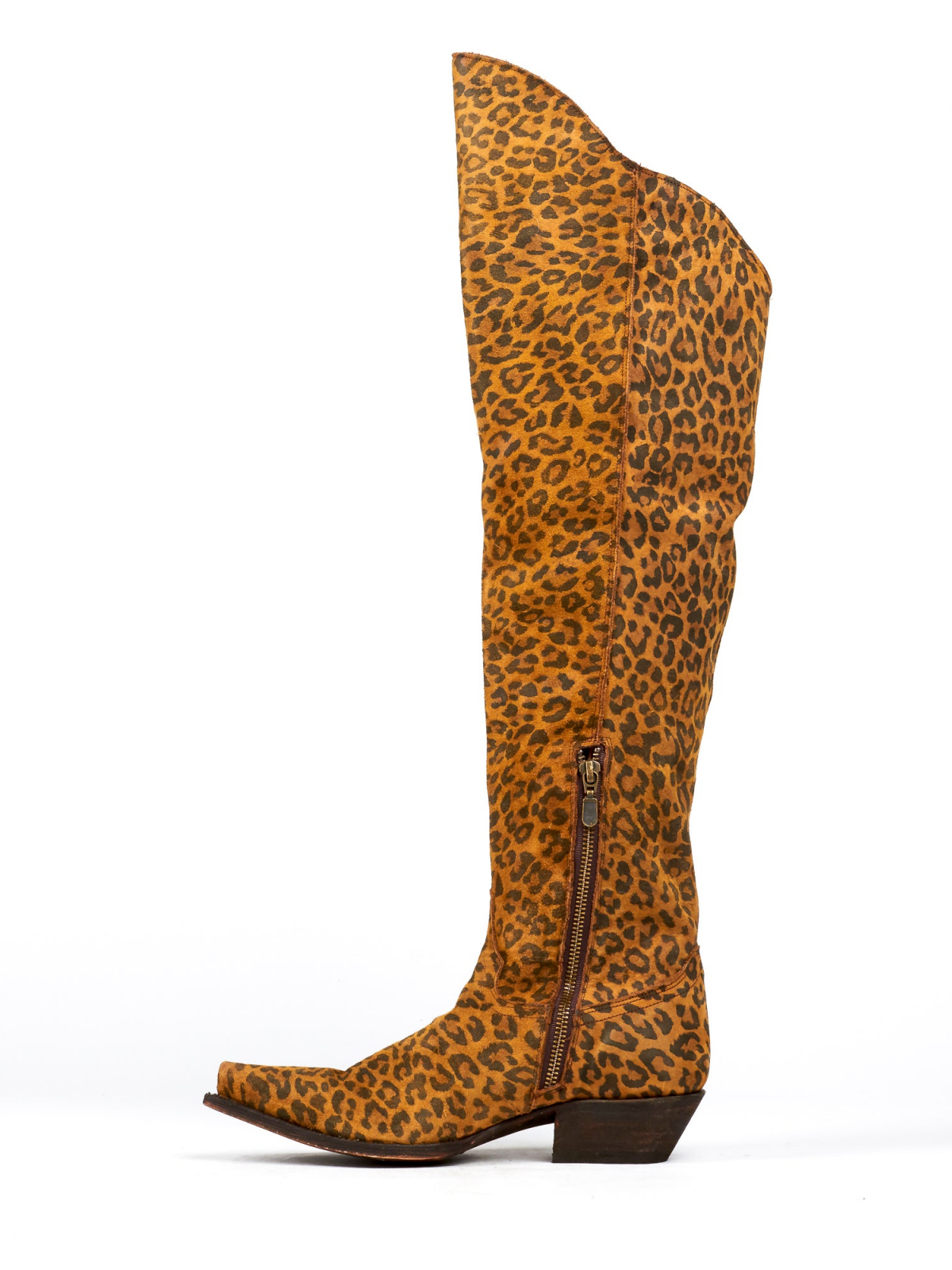 Leopard Snip-Toe Scalloped Top Half-Zip Tall Knee High Cowgirl Boots