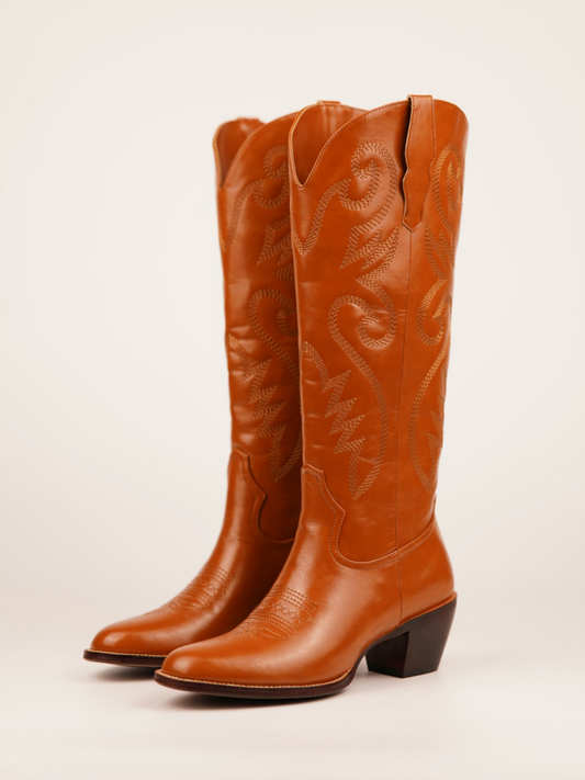 Glossy Burnt Orange Embroidery Cowgirl Wide Calf Boots Western Boots
