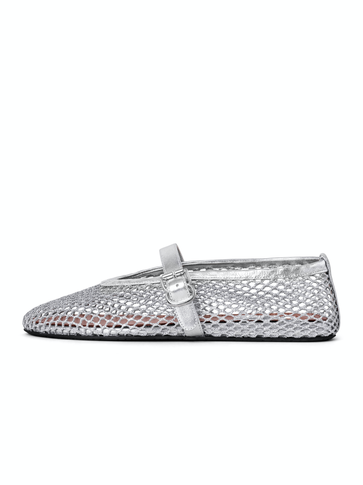 Metallic Silver Fishnet Ballet Flats Mary Janes With Buckle Strap