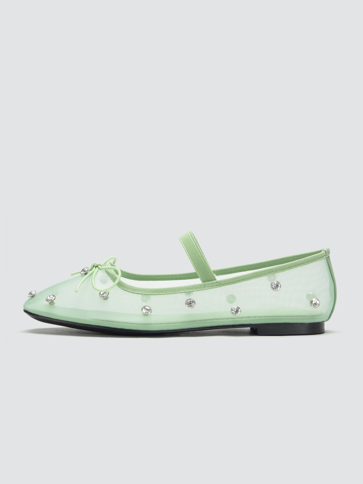 Green Mesh Rhinestone Bow Square-Toe Ballet Flats Mary Janes