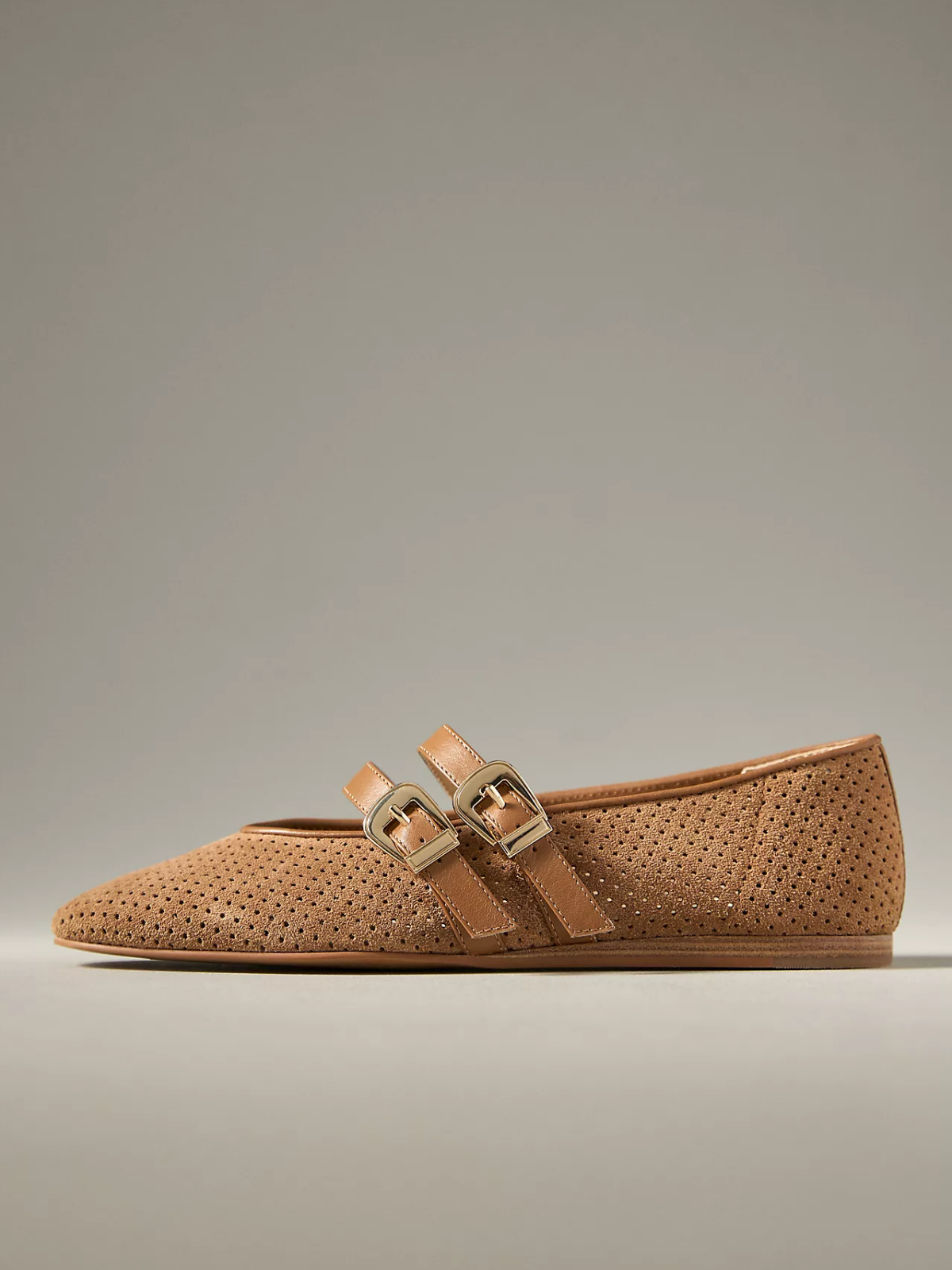 Brown Faux Suede Square-Toe Hollow-Out Double Bridge Strap Ballet Flats