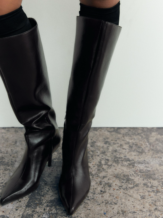 Brown Vegan Leather Pointed-Toe Wide Mid Calf Stiletto Boots