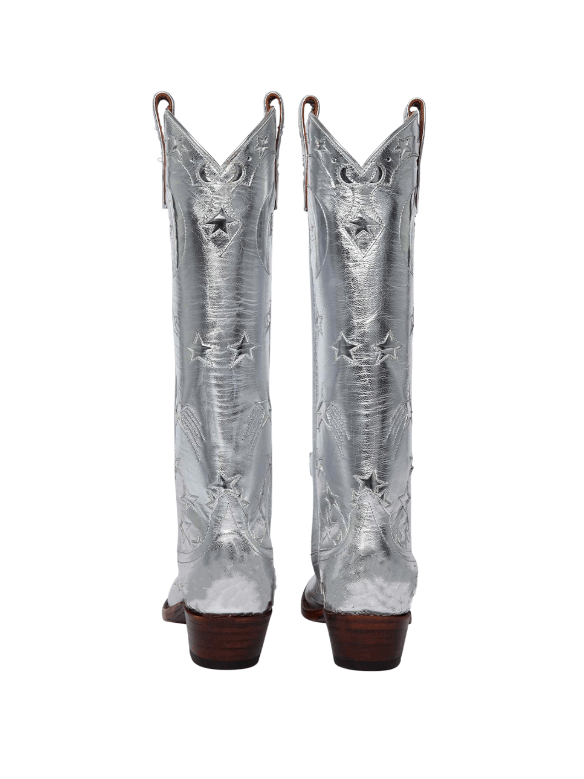 Mirrored Silver Moon Star Inlay Applique Mid Calf Cowgirl Tall Boots - Metallic Silver