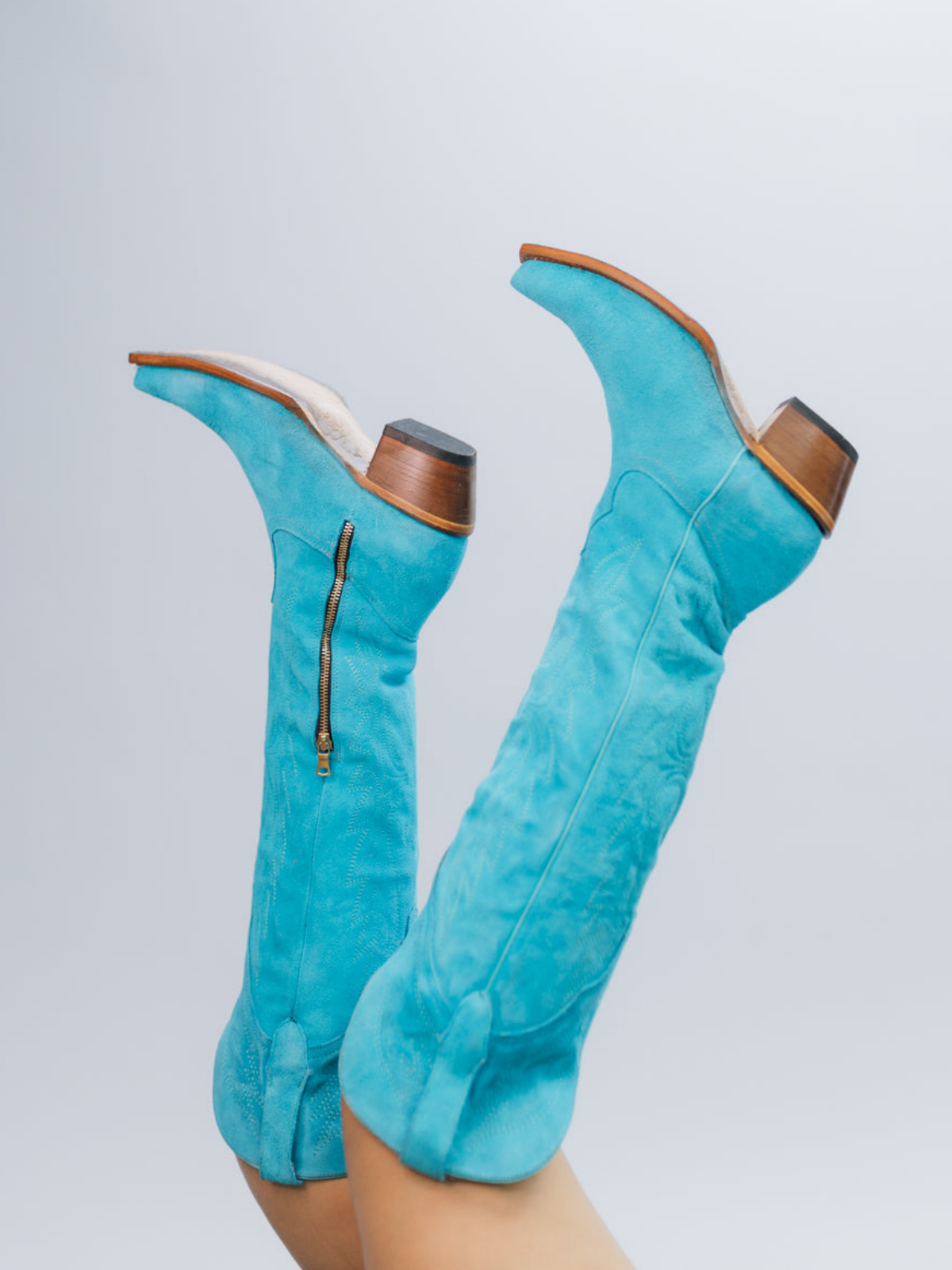 Eagle Embroidery Snip-Toe Half-Zip Over-The-Knee Tall Cowgirl Boots - Blue Faux Suede