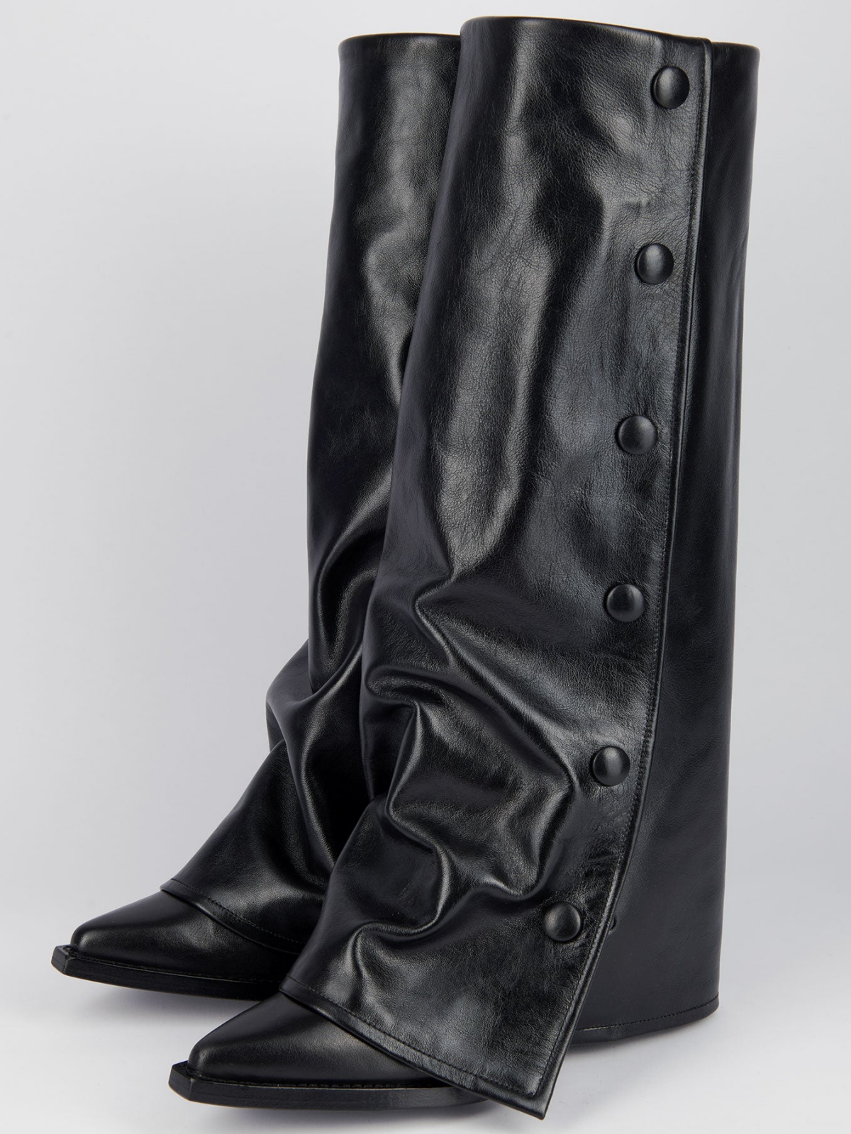 Black Snip-Toe Fold-Over Snapped Panel Tall Wide Mid Calf Boots