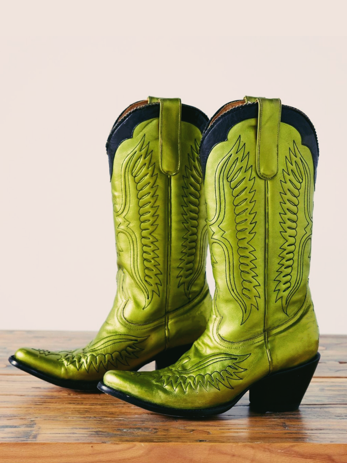 Metallic Green Eagle Embroidery Pointed-Toe Wide Mid Calf Cowgirl Boots With Black Collar