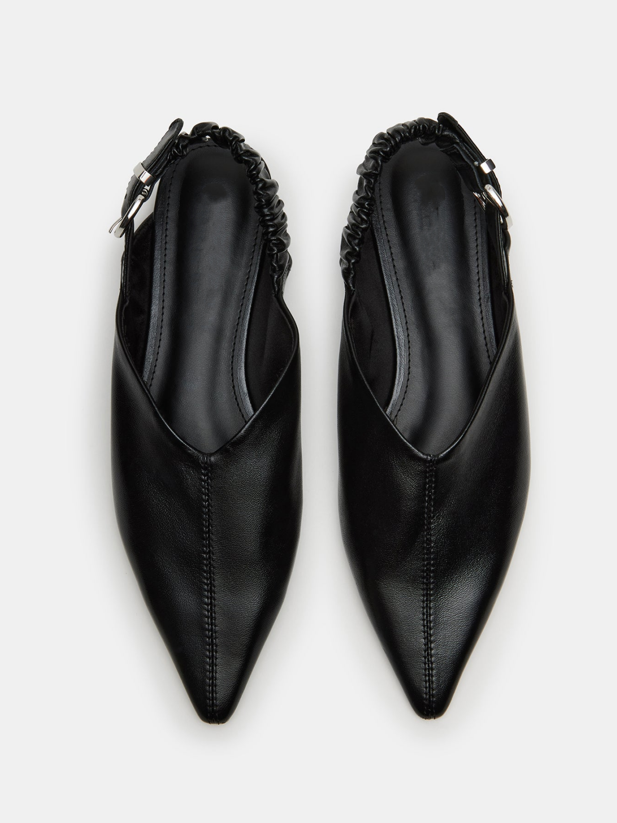 Black Pointed-Toe Ruched Slingback Ballet Flats