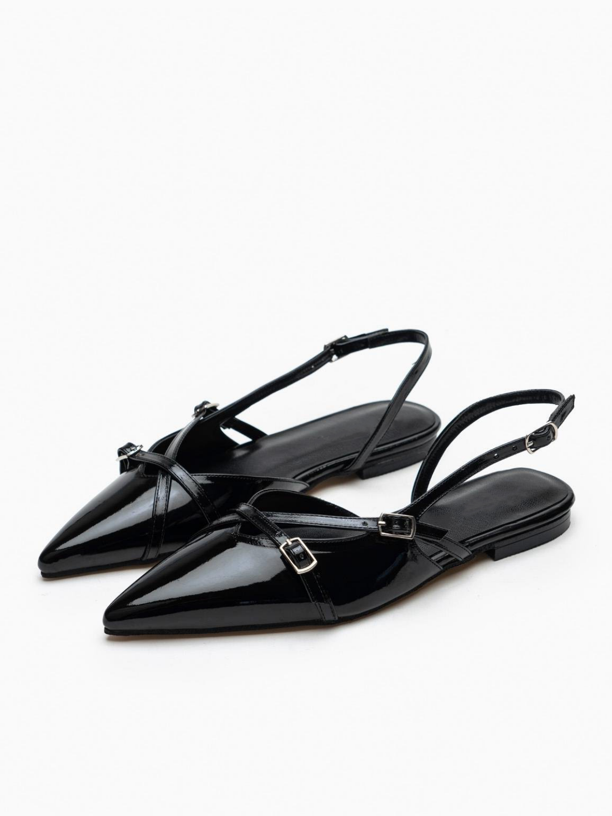 Black Patent Buckled Belt Detail Pointy Ballet Flats Slingbacks