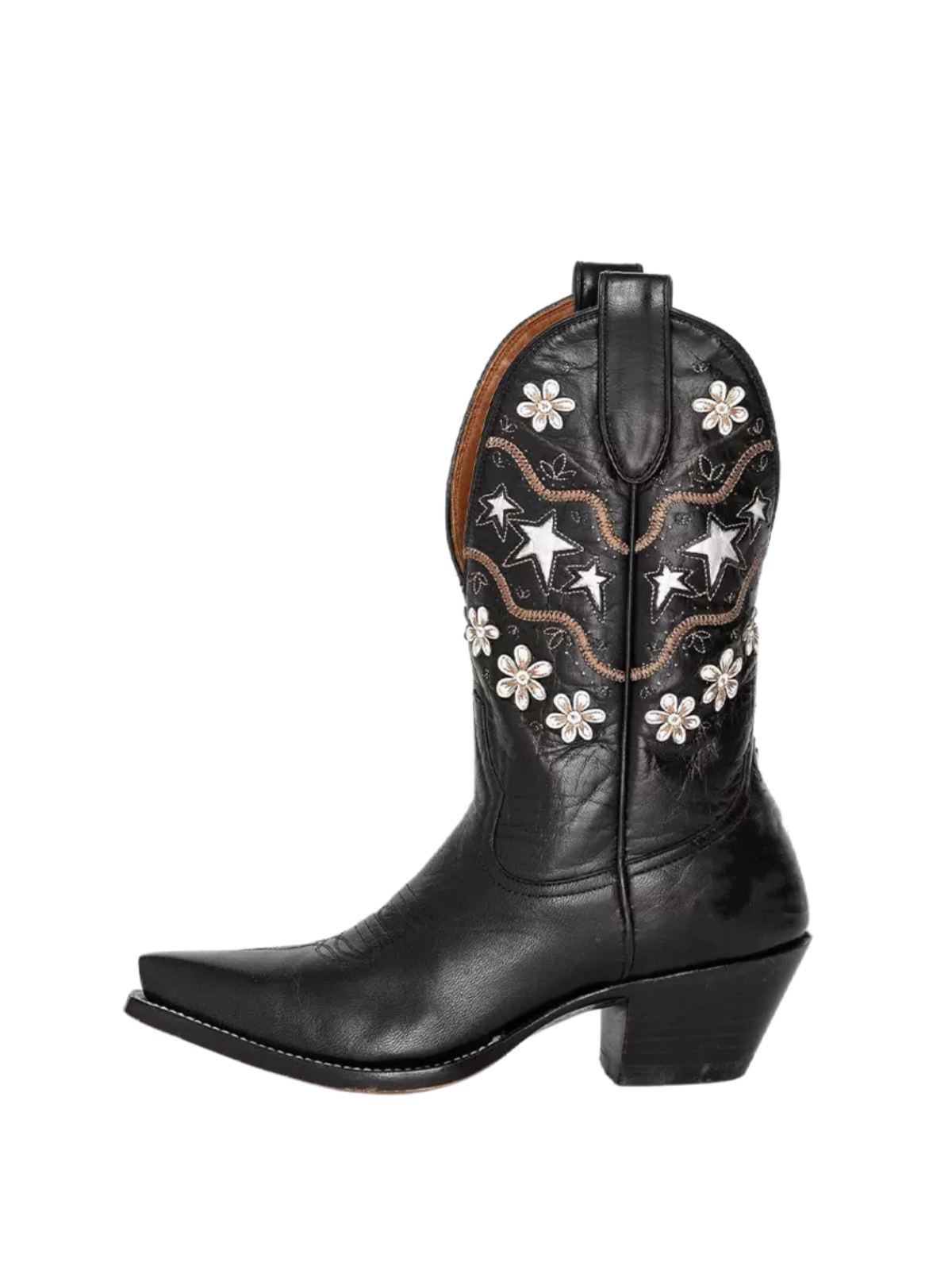 Black Snip-Toe Stars Inlay And Flowers Applique Wide Mid Calf Cowgirl Boots