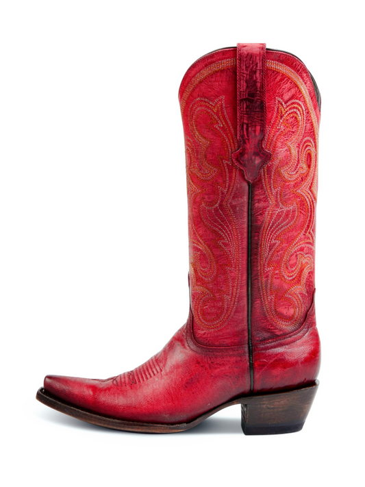 Distressed Red Embroidery Snip-Toe Wide Mid Calf Tall Cowboy Boots For Women