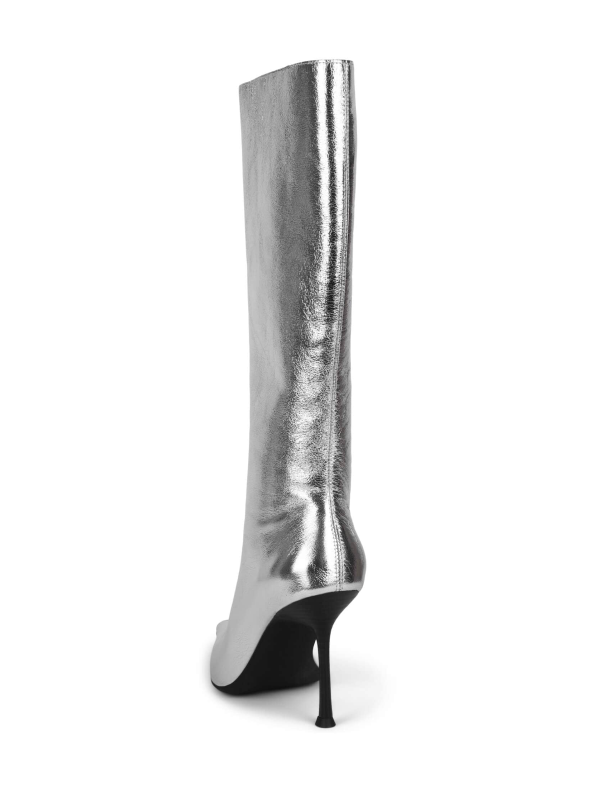 Metallic Silver Full-Zip Pointed-Toe Mid Calf Stiletto Boots